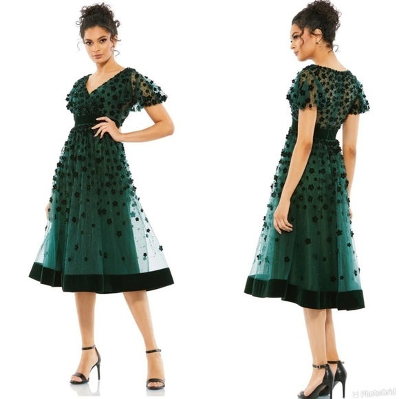 Mac Duggal Petite Embellished Butterfly Sleeve Velvet Hem Midi Dress - Picture 1 of 11